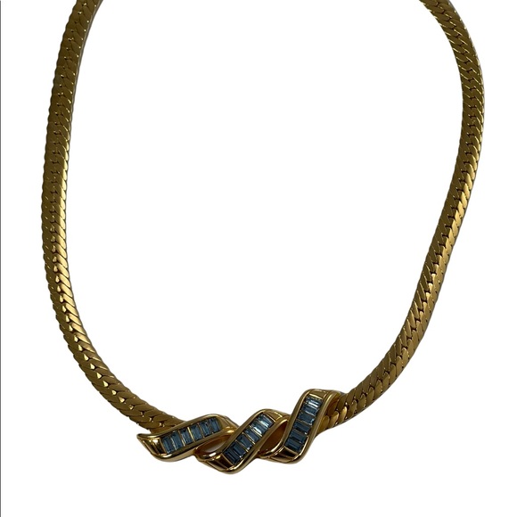 Vintage 1980s Swarovski authentic (SAL) blue Crystal gold choker necklace - Picture 2 of 8